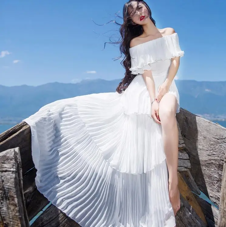 

White Sexy Off Shoulder Strapless Long Dress Pleated Split Maxi Dress Beach Party Vestidos
