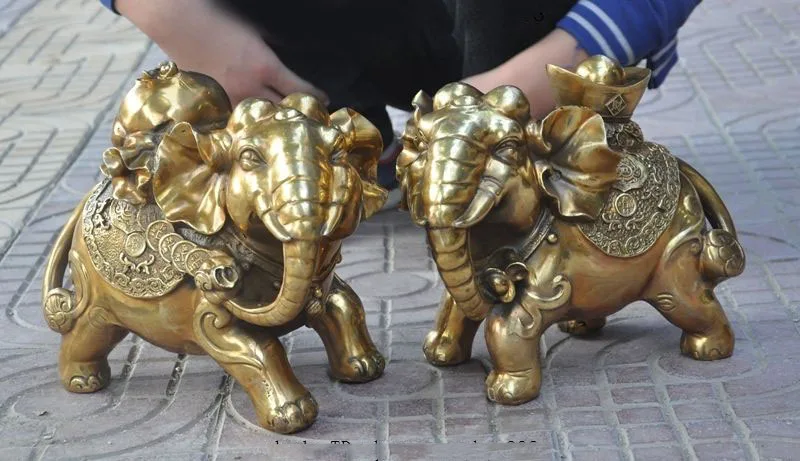 

Christmas Chinese FengShui Brass wealth yuanbao moneybag auspicious elephant statue pair Halloween