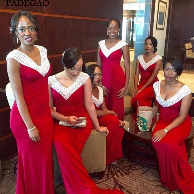 

Red And White South Africa Style Bridesmaid Dresses 2019 V Neck Mermaid Maid Of Honor Gowns Black Girl Long Prom Party Dresses