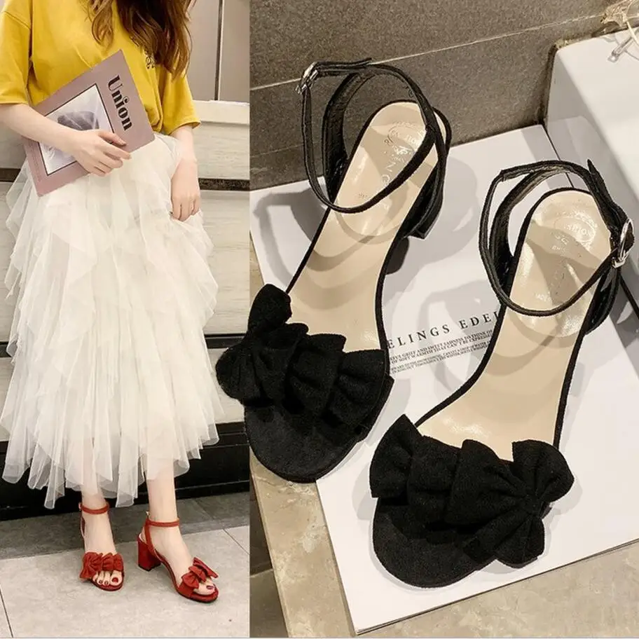 double bowtie flock sandals women thick high heels summer shoes narrow band ankle strap gladiator sandalias party y1011 | Обувь