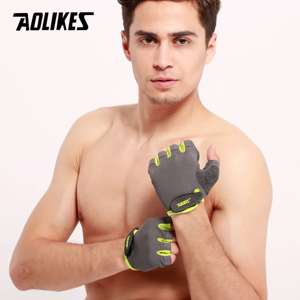 Green AOLIKES, 1 пара, перчатки для спортзала с полупальцами, Перчатки для фитнеса, унисекс, для взрослых, на запястье, для занятий тяжелой атлетикой, для мужчин и женщин - Цвет: Green
