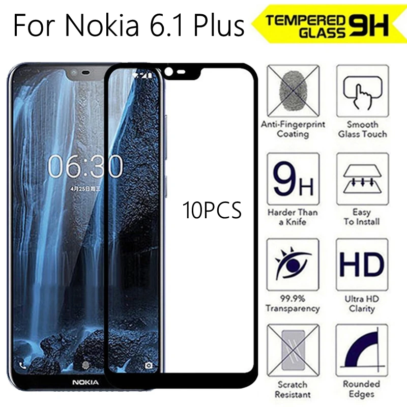 

10PCS/Lot Tempered Glass For Nokia 6.1 Plus Full Cover 9H Protective film Explosion-proof Screen Protector For Nokia 6.1 Plus