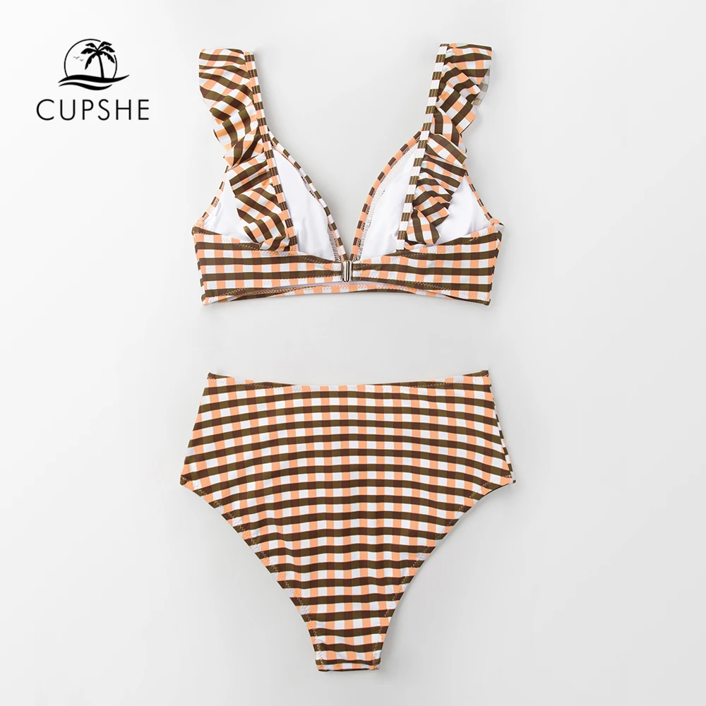 CUPSHE сексуальный комплект бикини в мелкую клетку с высокой талией и оборками