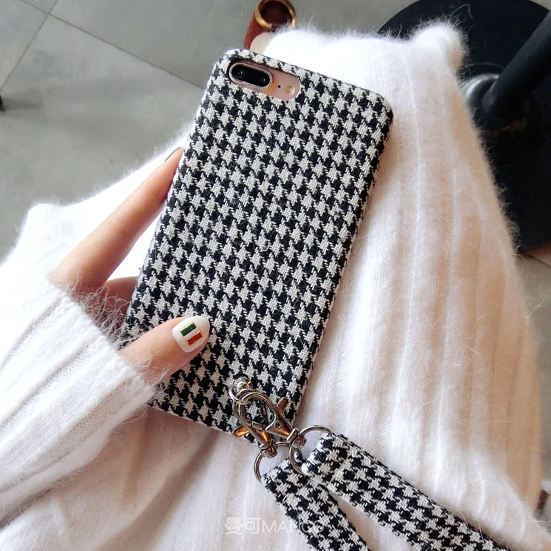 Vintage Plaid Phone Case For iPhone X XS Grid Cloth Cases for 6 6s 7 8 Plus MAX XR Fabric Plush Soft Cover with strap |