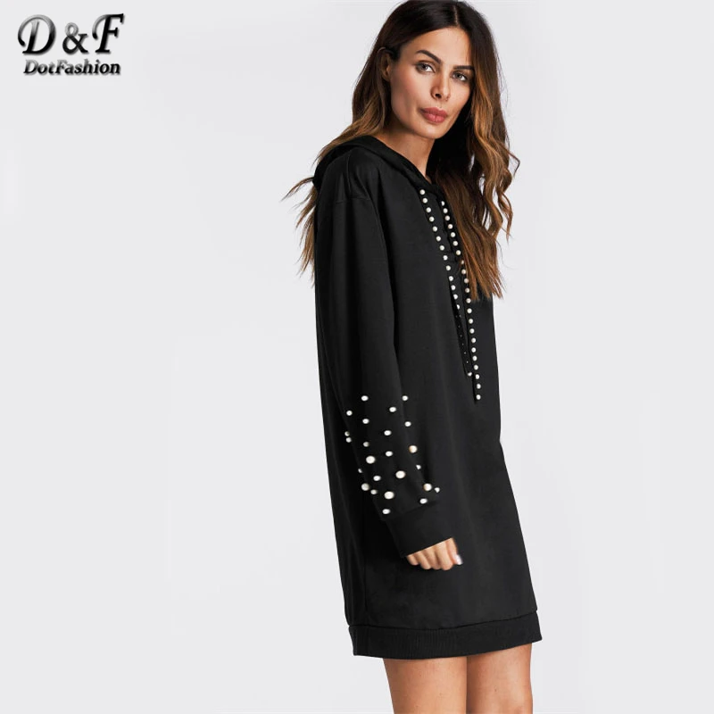 Dotfashion платье-толстовка с жемчугом и бисером, черное платье с длинным рукавом, женское платье, Новое поступление, Осеннее короткое платье