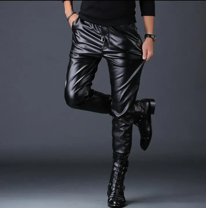 

Plus velvet warm motorcycle faux leather pants mens harem pants personality fashion casual pu trousers for men pantalon homme