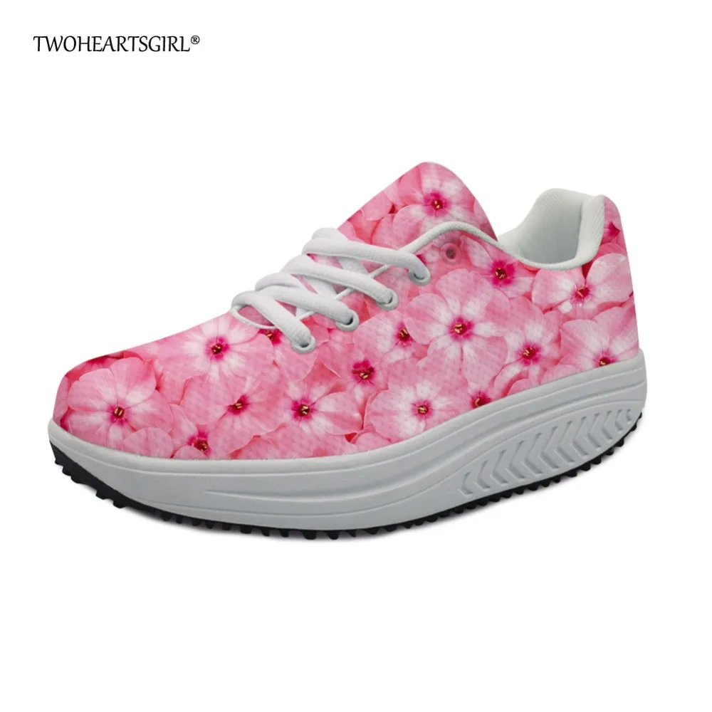 

Twoheartsgirl Pink Floral Style Health Swing Shoes for Women Beautiful Female Ladies Wedge Walking Shoes Casual Platform Shoes