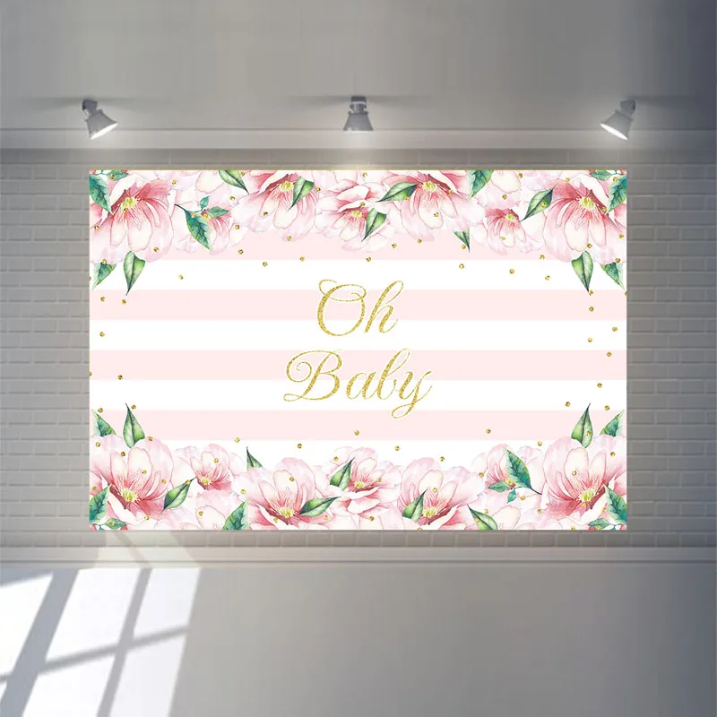NeoBack розовый цветок Baby Shower фон с надписью Oh розового и белого цвета в полоску для
