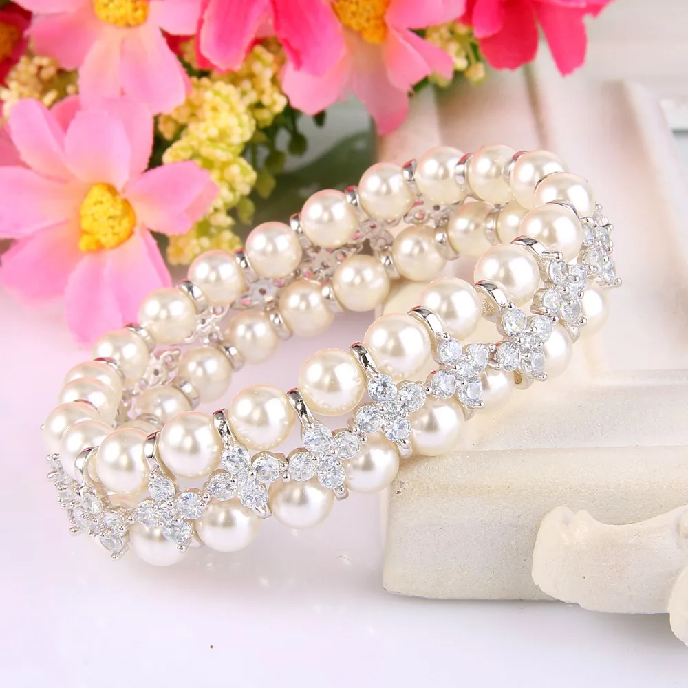 Tuliper Elegant Clover Flower Bridal Necklace Earrings Bracelet Set Cubic Zircon Pearl Jewelry Wedding Party | Украшения и