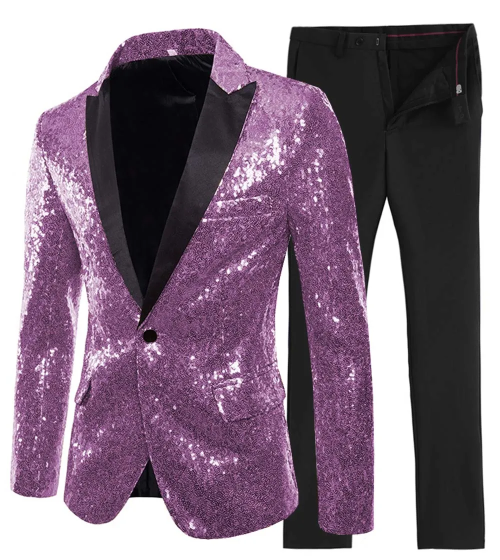 Lilac Новинка, золотой/зеленый мужской костюм из 2 предметов с блестящими пайетками, приталенный смокинг на одной пуговице с отворотом для свадебной вечеринки(Блейзер+ брюки - Цвет: Lilac