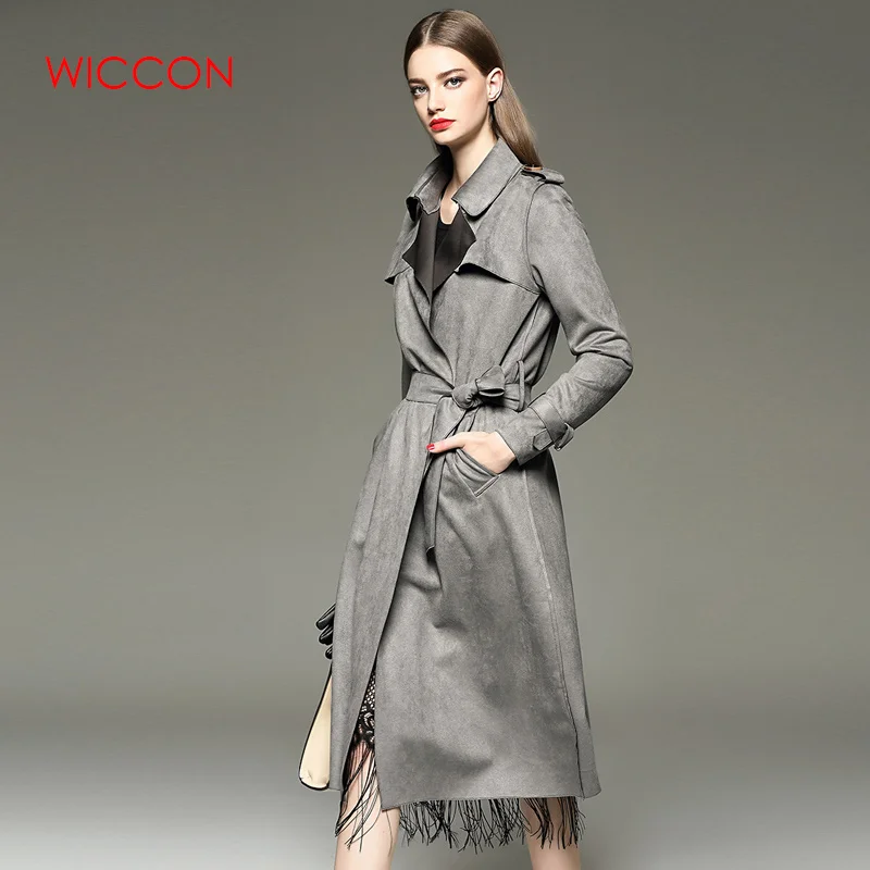 New Autumn Suede Trench Coat Women Mujer Long Elegant Outwear Female Overcoat Slim Red Suede Cardigan Trench