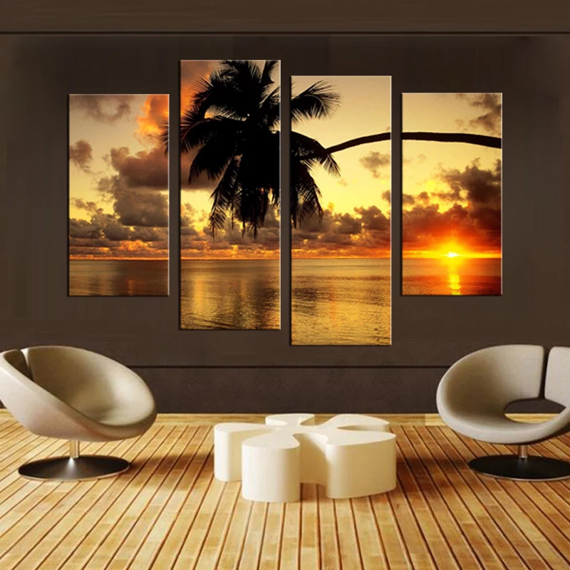 4 панели в рамке остров закат Кокосовая стена художественное украшение для