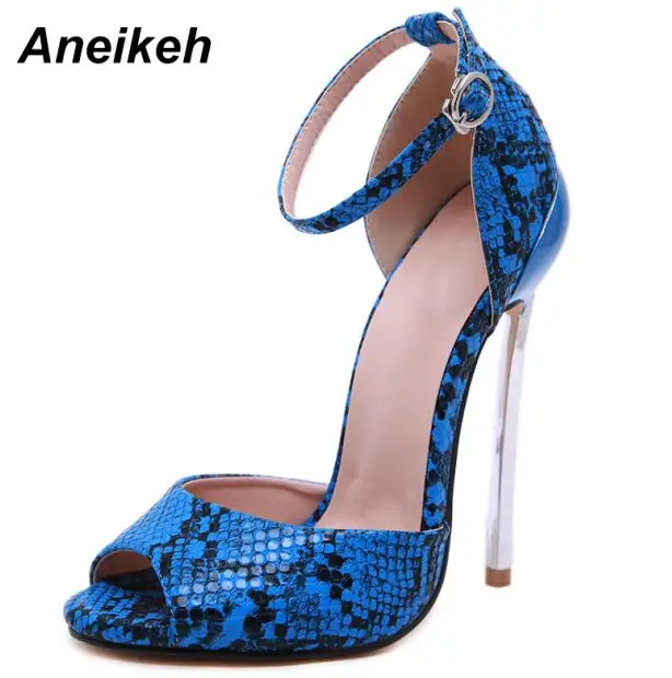 blue Aneikeh/ г.; модные пикантные босоножки из искусственной кожи под змеиную кожу; женские туфли на тонком высоком каблуке с круглым носком и ремешком с пряжкой; вечерние, свадебные, черные; Размеры 35-42 - Цвет: blue