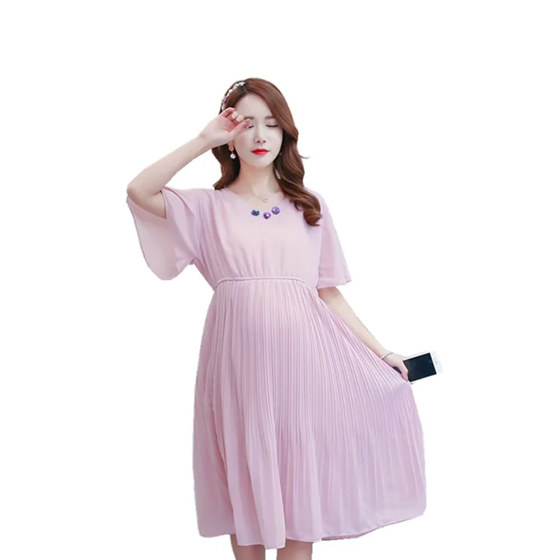 

Summer Korean Fashion Maternity Dress V Neck Slim Waist Pleated Chiffon Clothes for Pregnant Women Pregnancy Party Dress