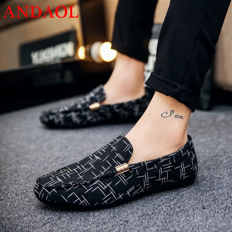 ANDAOL Men's Canvas Casual Shoes Top Quality Soft Moccasins Striped Driving Loafers Luxury Fashion Slip-On Business Office shoes | Обувь