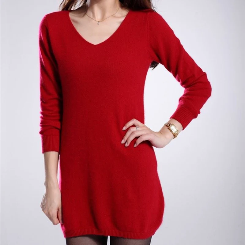 2019 new mink Cashmere bag hip sexy sweater skirt female V-neck long section bottoming knit dress Slim | Женская одежда