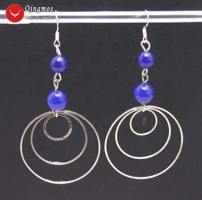 

Qingmos Natural Jades Earrings for Women with 8-10mm Blue Round Jades 3 Piece Metal Round Circle Dangle Hoop 3.5'' Earring Ea620