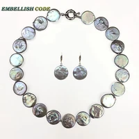 new baroque pearl choker statement necklace hook dangle earring set gray colorful flat round coin shape real freshwater pearls