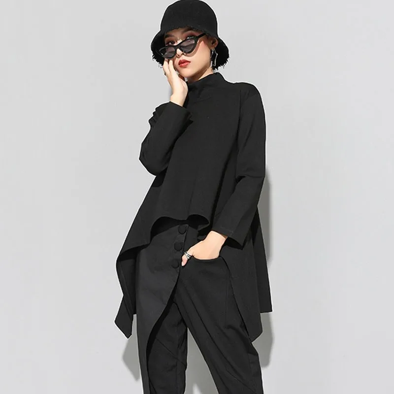black TWOTWINSTYLE, асимметричный пуловер, топы для женщин, стоячий воротник, длинный рукав, ассиметричные футболки для женщин, весна, повседневная мода - Цвет: black
