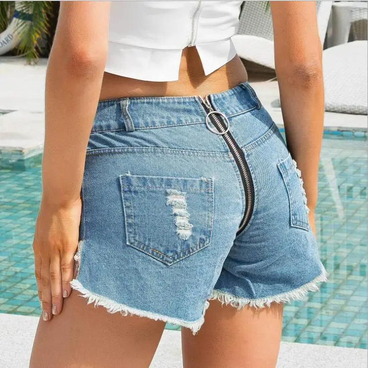 2019 New Arrived Summer Women Slim High Waist Hole Denim Shorts Female Lace Sexy Nightclub Jean Zipper Frayed Raw Hem Ripped D47 | Женская
