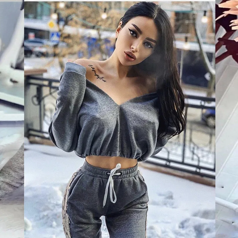 2019 Модные женские спортивные костюмы с пайетками повседневные толстовки и штаны