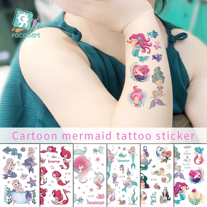 

Rocooart Cartoon Kids Tattoo Stickers Mermaid Temporary Tattoo For Girls Fake Tattoo Colorful Taty Children Party Flash Tatoo