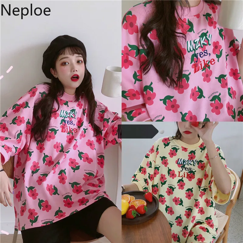 Женские футболки с цветочным принтом Neploe корейские повседневные круглым вырезом