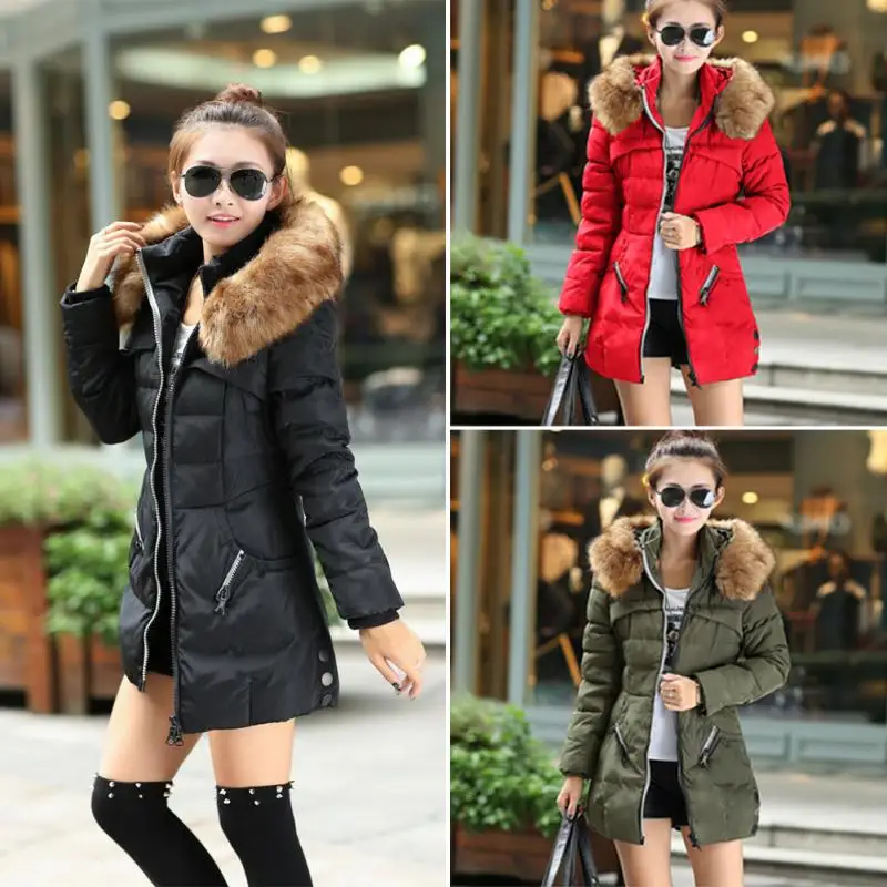 

New Arrival Women Winter Fashion Slim Long Sleeve Hooded Medium Length Solid Color Thicken Warm Cotton Coat