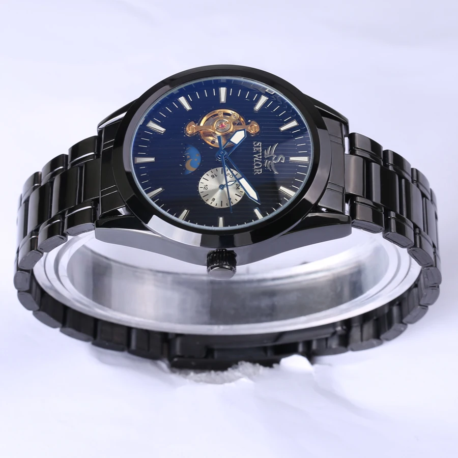 Sewor2018 top brand 24 hours automatic mens watches black steel multifunction tourbillon mechanical watch luxury reloj hombre | Наручные
