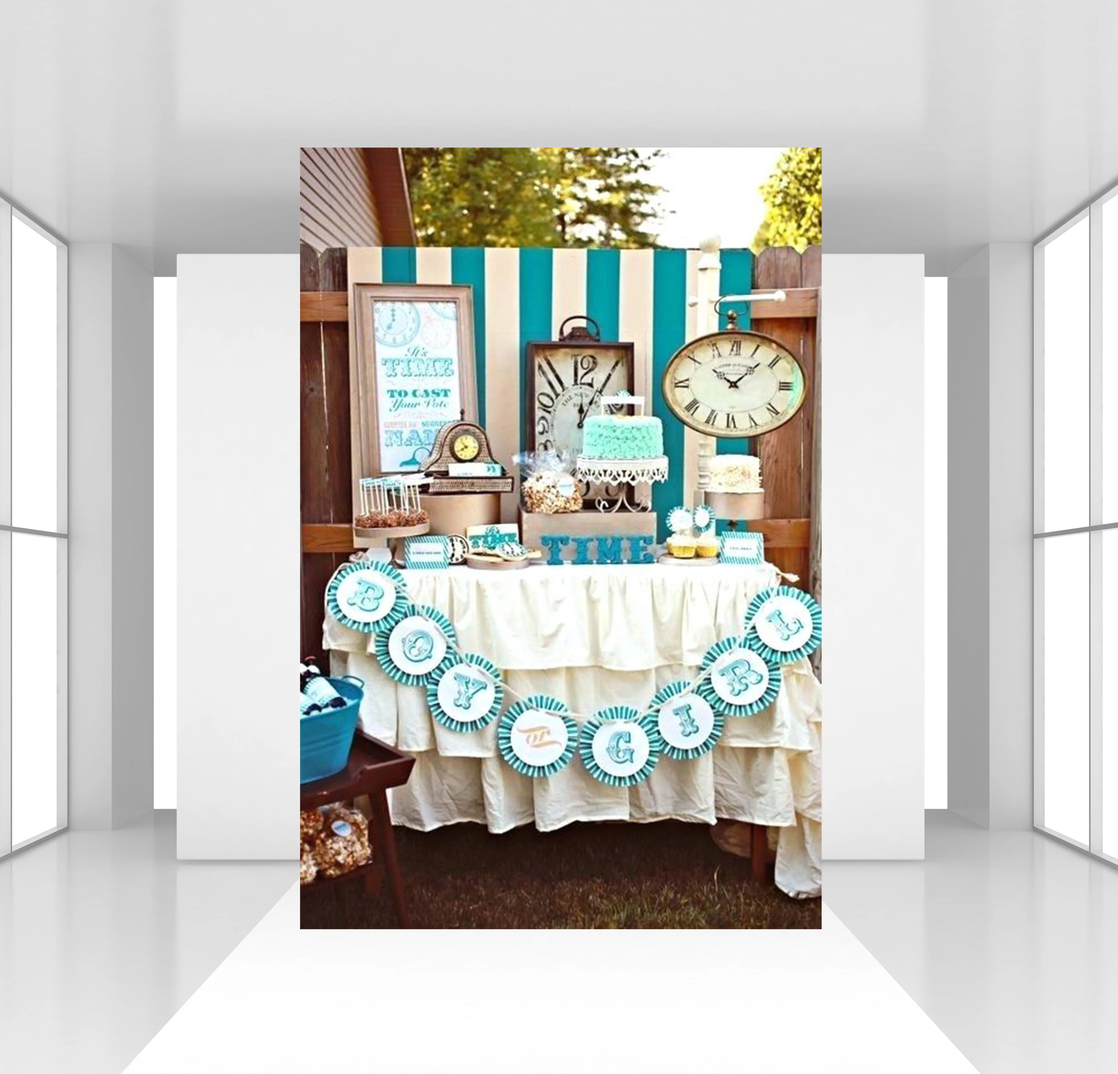 

HUAYI Custom Gender reveal Party Backdrop newborns birthday dessert table Background photocall blue and white striped backdrop