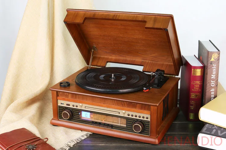 HiFi проигрыватель, Ретро виниловый проигрыватель, деревянная стереосистема, Bluetooth 4,0, AM/FM радио, CD, USB для MP3, Vinyl-to-MP3 записи