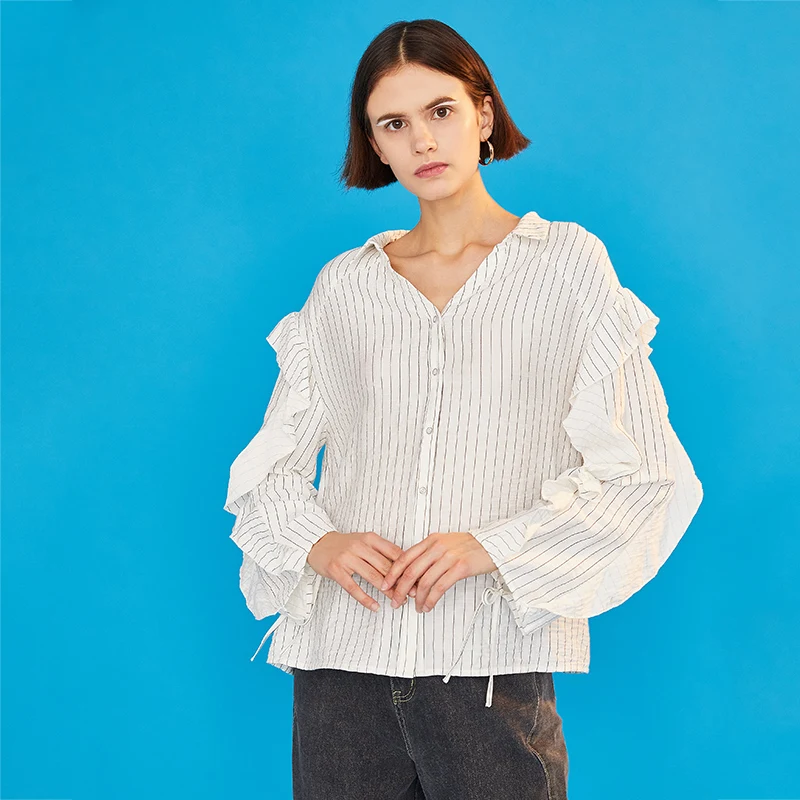 Женская винтажная рубашка в полоску с V-образным вырезом | одежда