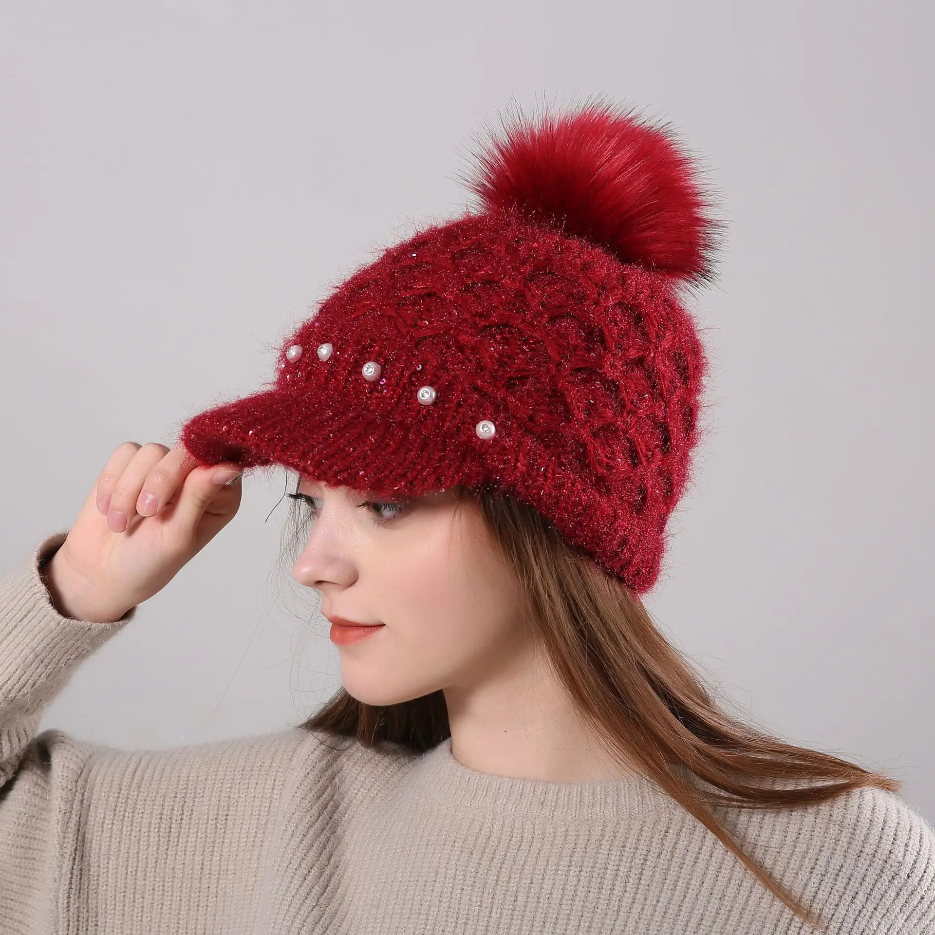 

Женская бархатная теплая шерстяная шапка, шапка с помпоном из кроличьего меха с жемчугом и бриллиантами для девушек, Модная трикотажная шап...