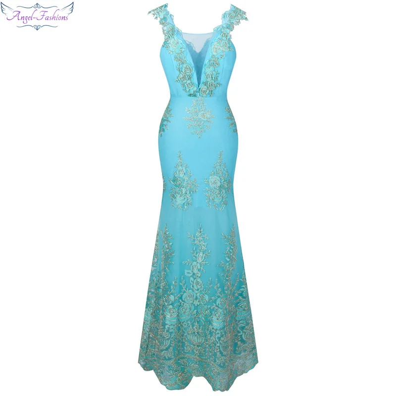 Vestido largo de sirena con escote en V y Flor de encaje bordada, para graduación, color azul cielo, lavanda, 310
