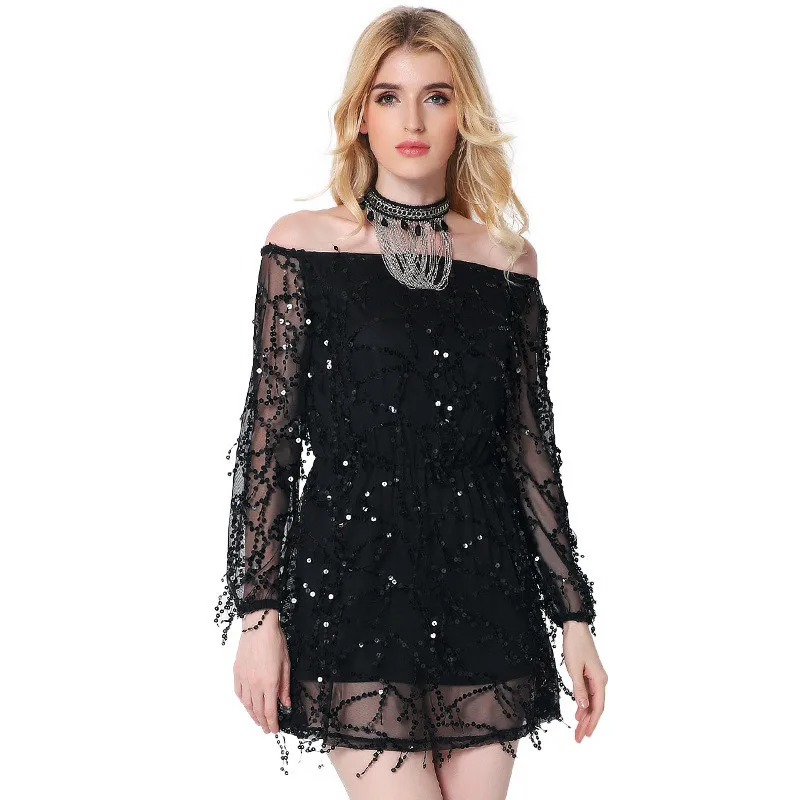 Новинка 2017 года одежда пикантные Off Shoulder Sequin кисточкой летнее платье для пляжной