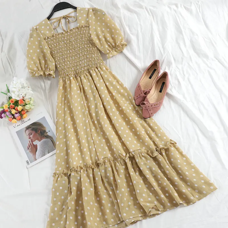 Women Dress Женское летнее Бандажное шифоновое платье в горошек с оборками, Повседневное платье с коротким Расклешенным рукавом, эластичное приталенное плиссированное платье-пуловер с высокой талией - Цвет: Women Dress