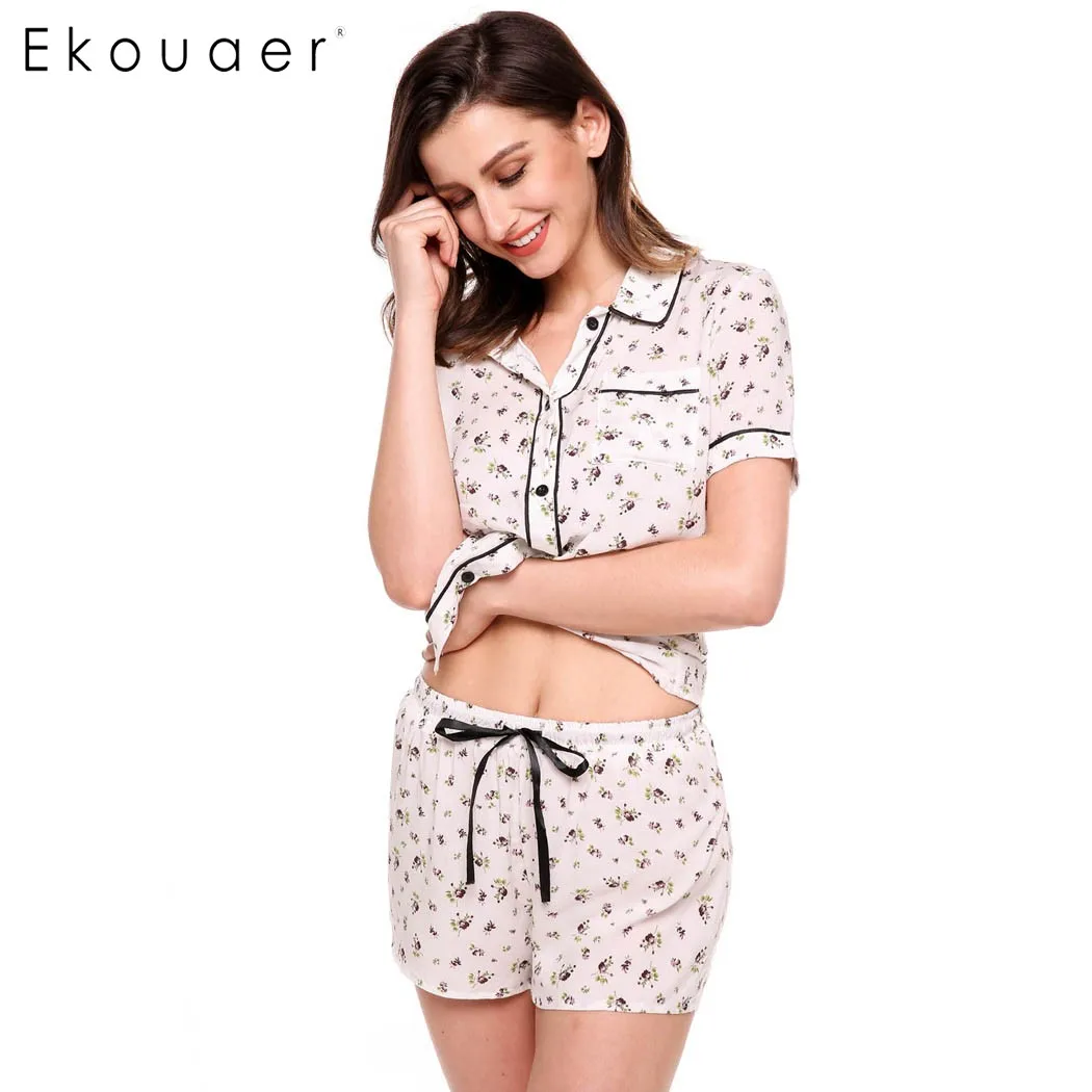 Ekouaer/Пижама с цветами комплект женская повседневная одежда для сна коротким