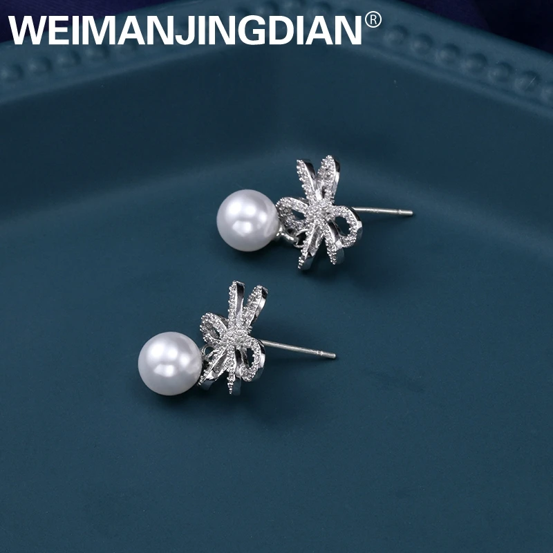WEIMANJINGDIAN Sparkling Cubic Zirconia CZ Zircon Crystal and Shell Pearl Drop Earrings for Women or Girls | Украшения и