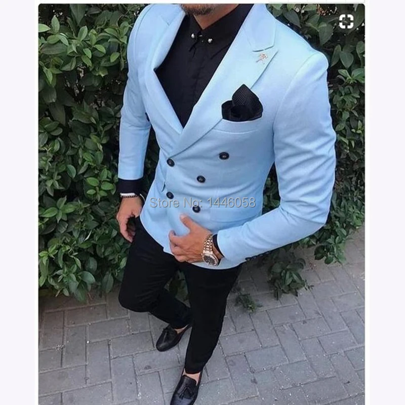 2018 Tailored Men Coat Pant Casual Double Breasted Men Slim Fit Suit Sky Blue Tuxedo Groom Blazer Wedding Suit Terno Masculino