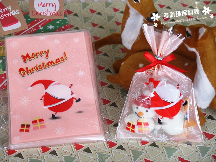 

100pcs/lot Pink Plastic bags, Santa Claus"Merry Christmas" cookie packaging bags 12x18cm cupcake bags free shipping