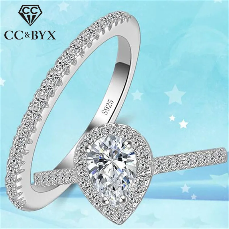 

CC Double Rings For Women Silver Color Water Drop White/Pink Luxury Bridal Wedding Jewelry Engagement Accessories CC775