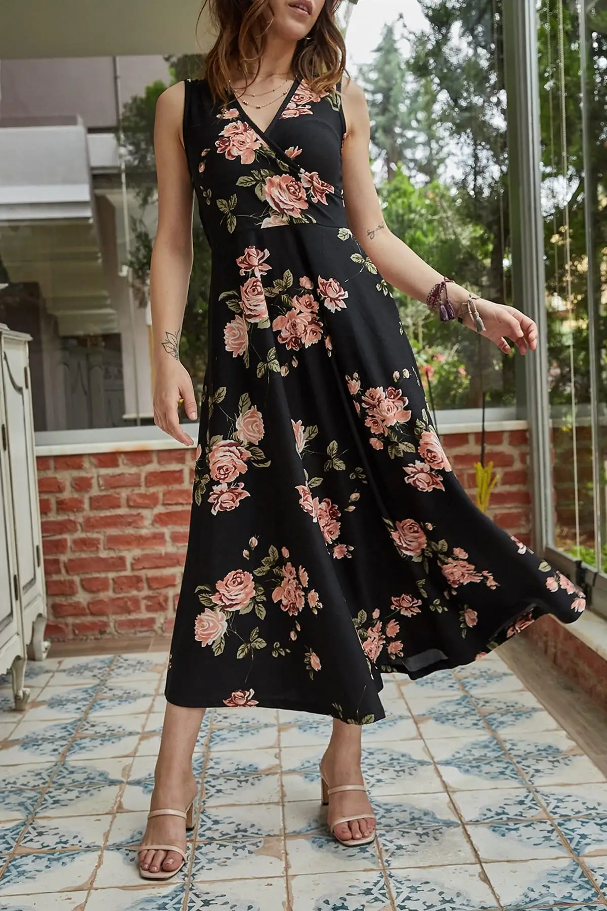 Xhan женское черное двубортное платье с цветочным принтом 9YXK6-41381-02 | Женская одежда