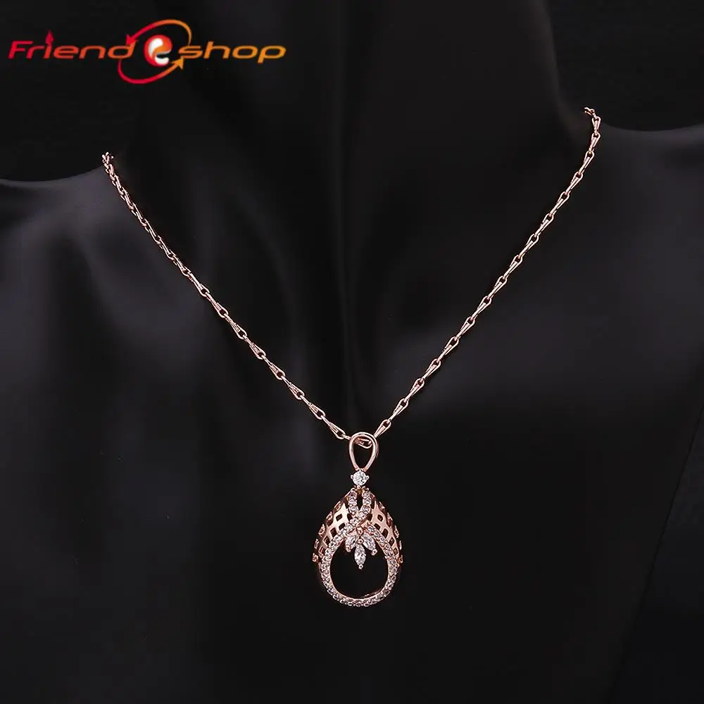 KN007 Настоящее Роуз Позолоченные Ожерелье Выдолбленные Каплевидные CZ Огранка