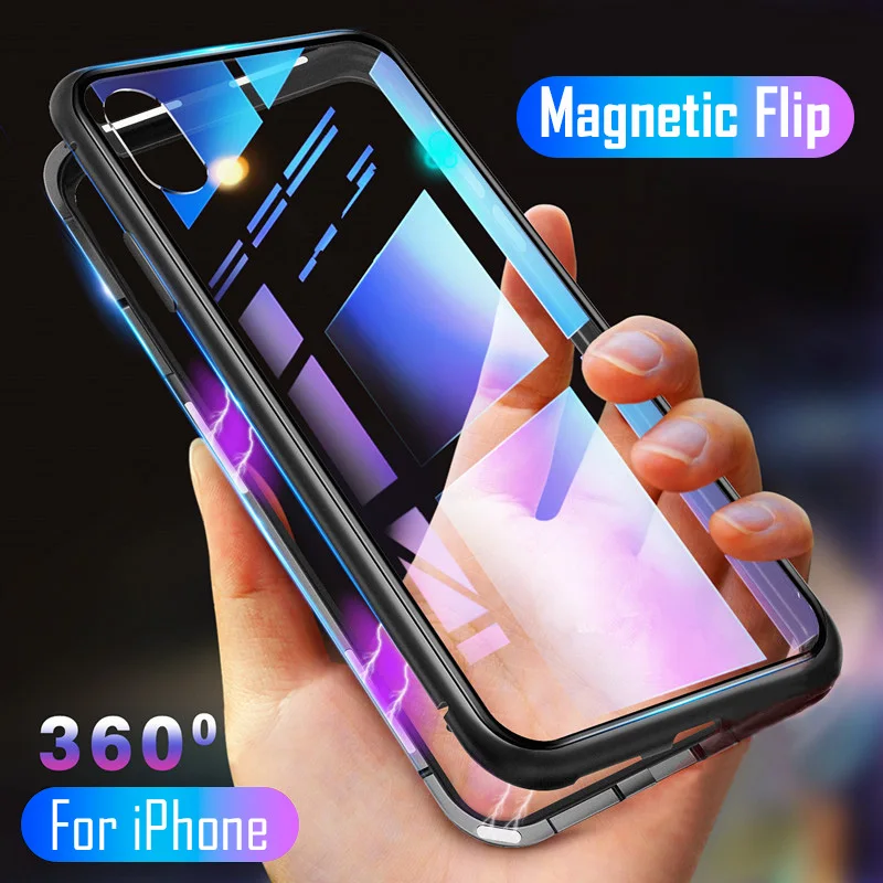 Magnetic Adsorption Case for iPhone 8 Plus 7 6S 6 Tempered Glass Back Cover Apple X XS Max XR Full Protective |