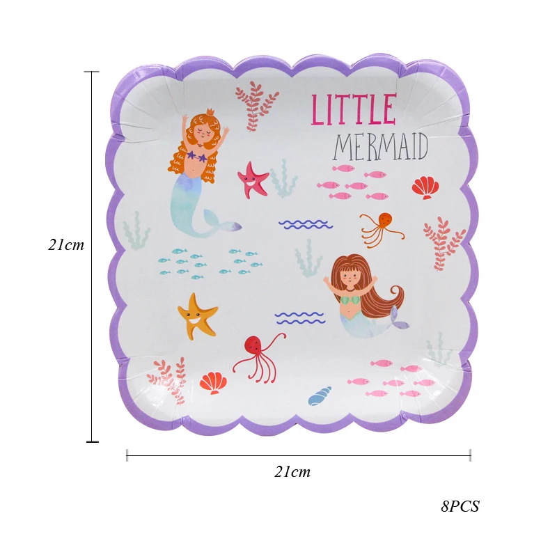 8PCS Square Plates 8 шт. маленькая Русалочка серии одноразовые столовые приборы вечерние украшения стола для свадьбы/дня рождения/помолвки/юбилейные принадлежности - Цвет: 8PCS Square Plates