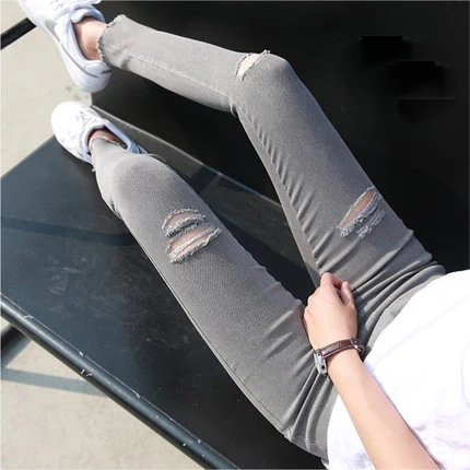 Рваные джинсы женские брюки с высокой талией большие размеры узкие пуш-ап