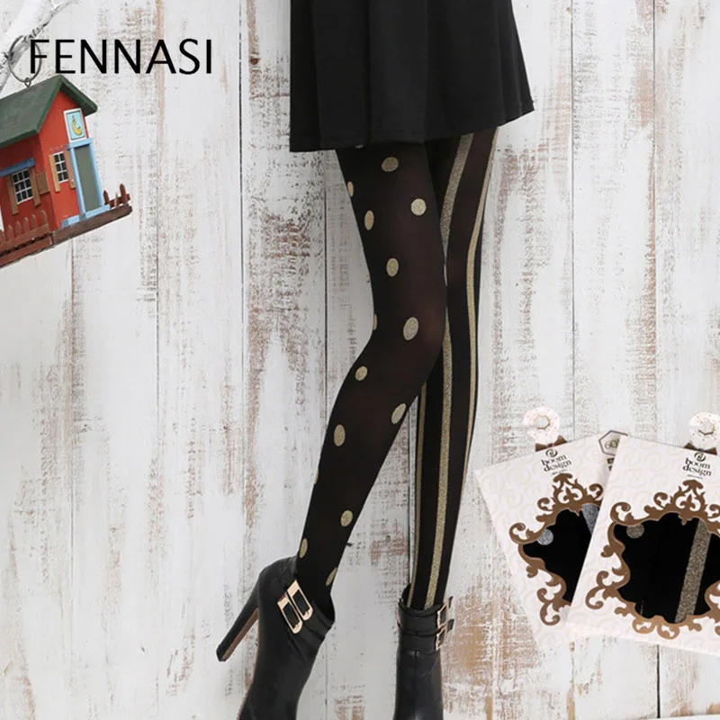 Black-Gold FENNASI, женские компрессионные чулки, нейлоновые чулки, в полоску, в горошек, анти крюк, нейлон, Medias, женские колготки, колготки для женщин, Порно - Цвет: Black-Gold