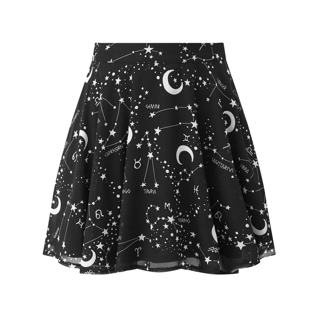 Beige Sexy Long skirt Fashion Women Summer Women Party Gothic Punk Black Starry Sky Moon Print A-Line Short Mini Skirt Y612 - Color: Beige