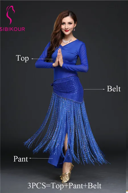 Royal Blue 3pcs Женский костюм для танца живота практическая одежда Восточный Болливуд индийский хип шарф Топ пояс для брюк сценическая одежда тренировочная одежда с длинными рукавами - Color: Royal Blue 3pcs