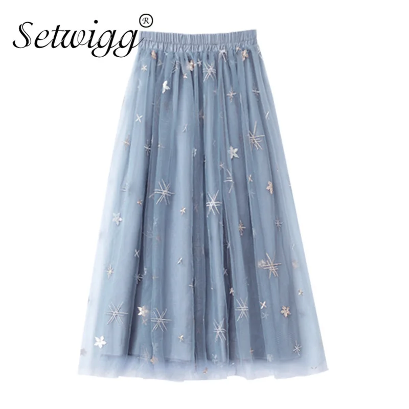 SETWIGG/корейские юбки до середины икры из тюля расшитые блестками и звездами с